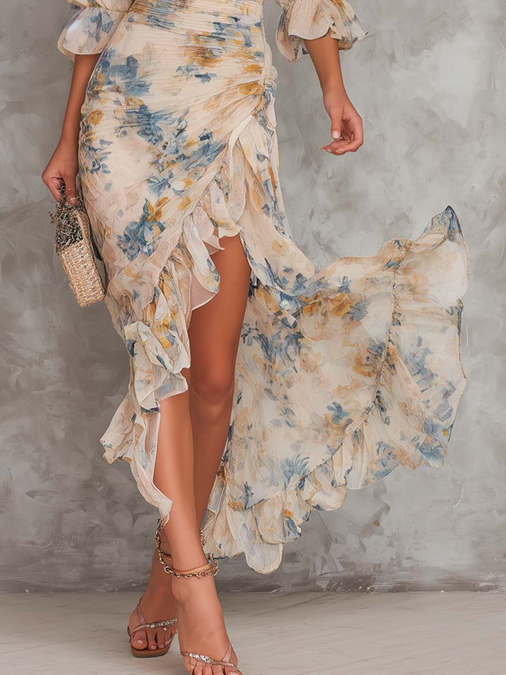 Abito Maxi in Chiffon Irregolare con Stampa Floreale in Pittura ad Olio Beige