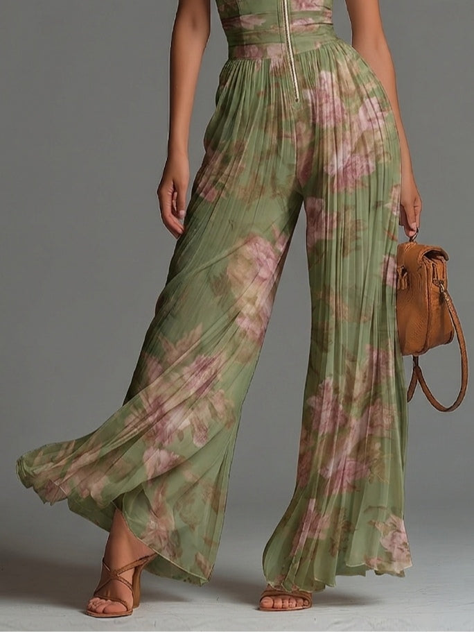 Mono di Chiffon Verde Floreale Senza Maniche con Collo a V e Chiusura a Cerniera con Pieghe di Gamba Larga