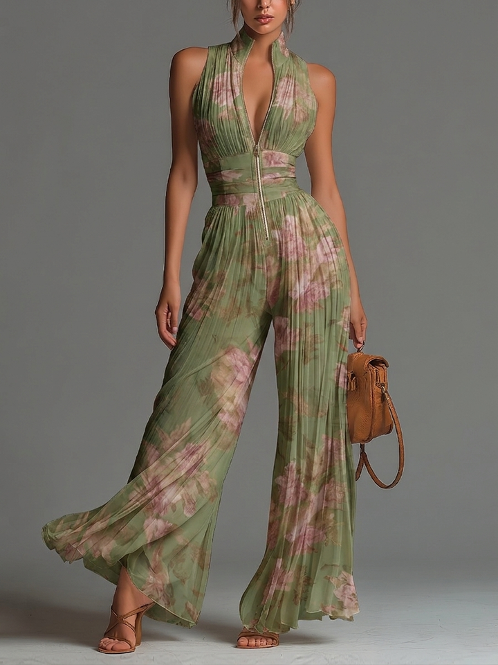 Mono di Chiffon Verde Floreale Senza Maniche con Collo a V e Chiusura a Cerniera con Pieghe di Gamba Larga