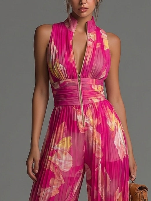 Tuta senza Maniche in Chiffon con Zip Plissettata a Gamba Larga con Stampa Floreale in Fucsia