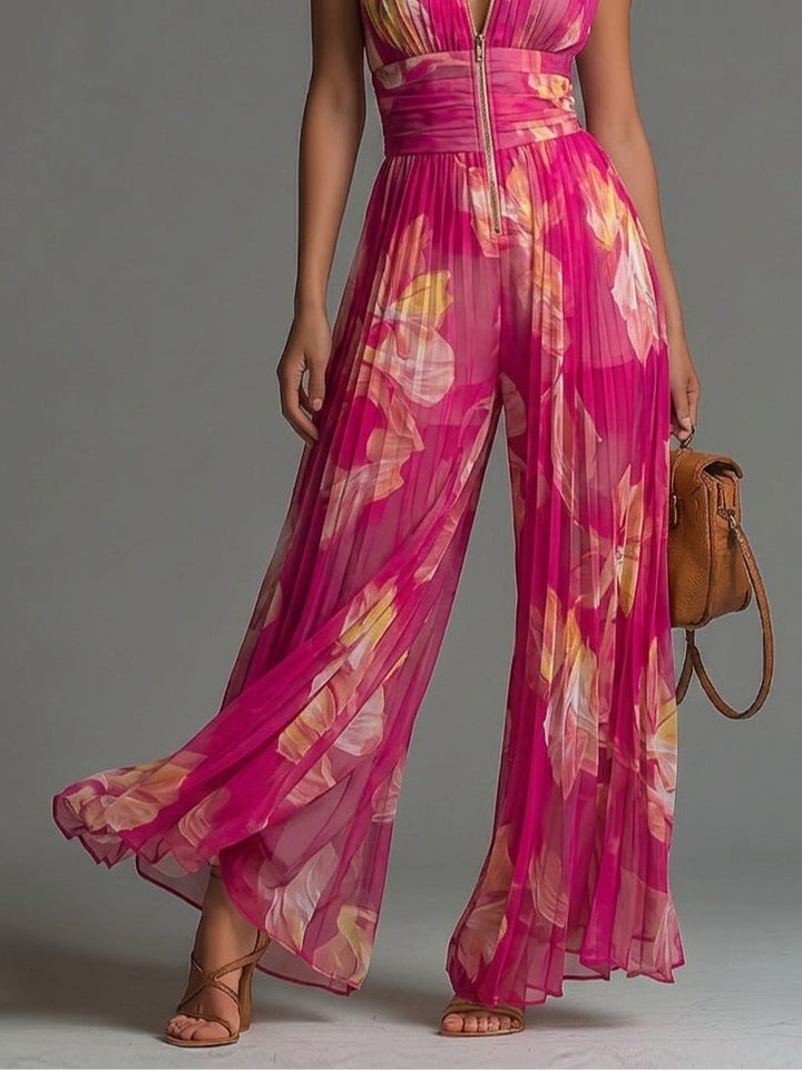 Tuta senza Maniche in Chiffon con Zip Plissettata a Gamba Larga con Stampa Floreale in Fucsia