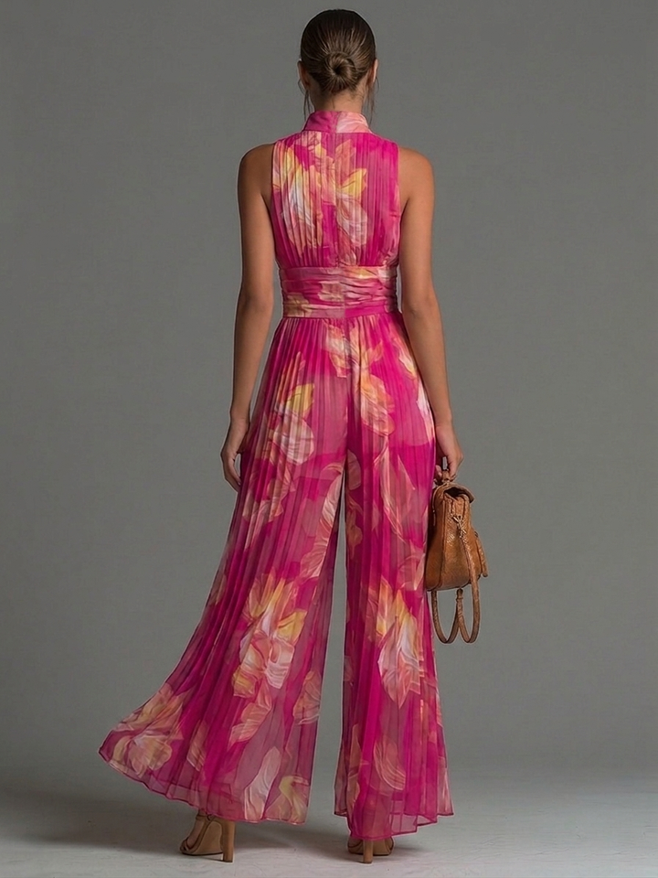 Tuta senza Maniche in Chiffon con Zip Plissettata a Gamba Larga con Stampa Floreale in Fucsia