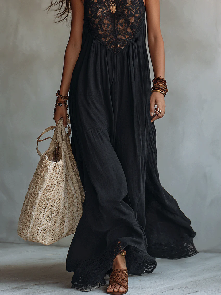 Abito Maxi Bohemien Nero Senza Maniche con Pizzo