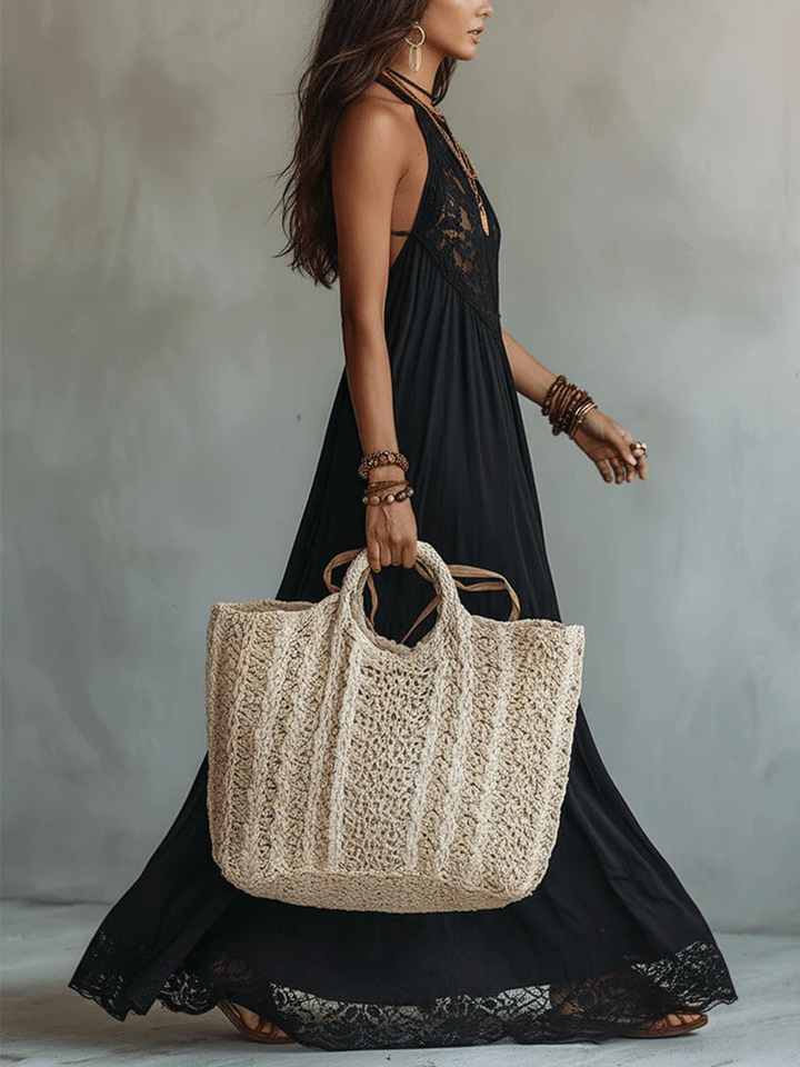 Abito Maxi Bohemien Nero Senza Maniche con Pizzo