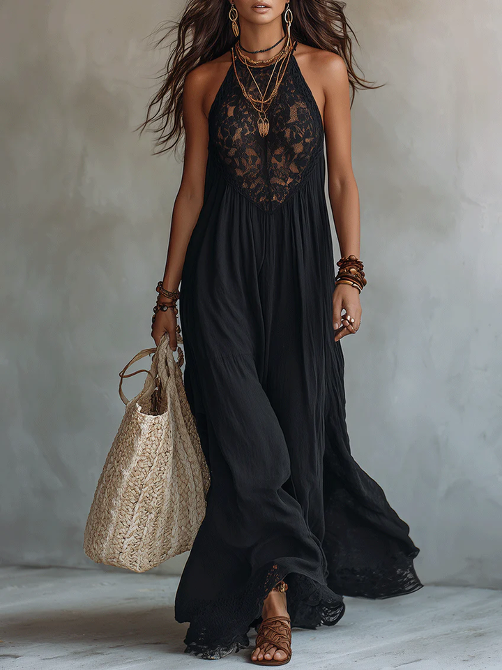 Abito Maxi Bohemien Nero Senza Maniche con Pizzo