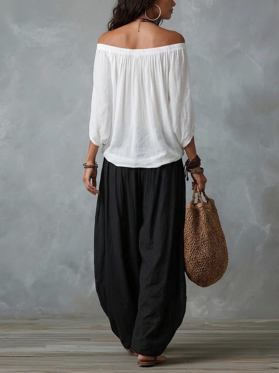 Completo Top Bianco Off-the-shoulder e Pantaloni Lantern Larghi