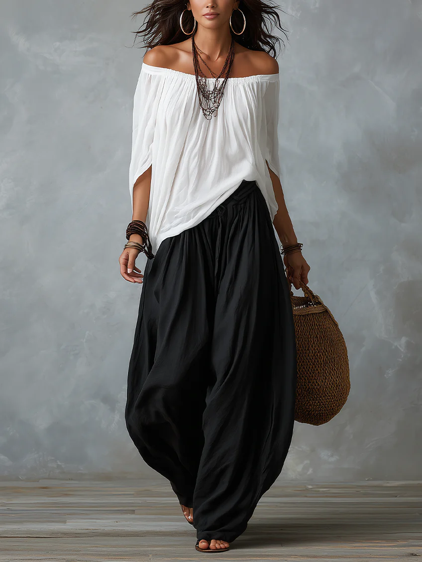 Completo Top Bianco Off-the-shoulder e Pantaloni Lantern Larghi