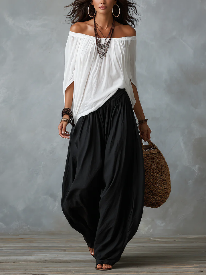 Completo Top Bianco Off-the-shoulder e Pantaloni Lantern Larghi