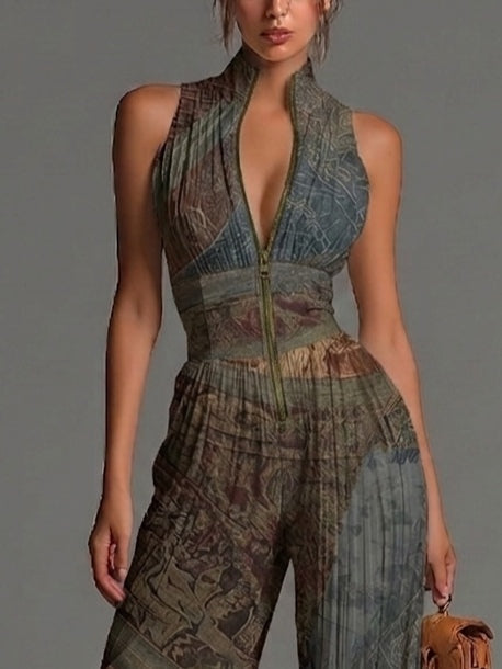 Tuta in Chiffon Senza Maniche con Zip Plissettata a Stampa Etnica Bohemien