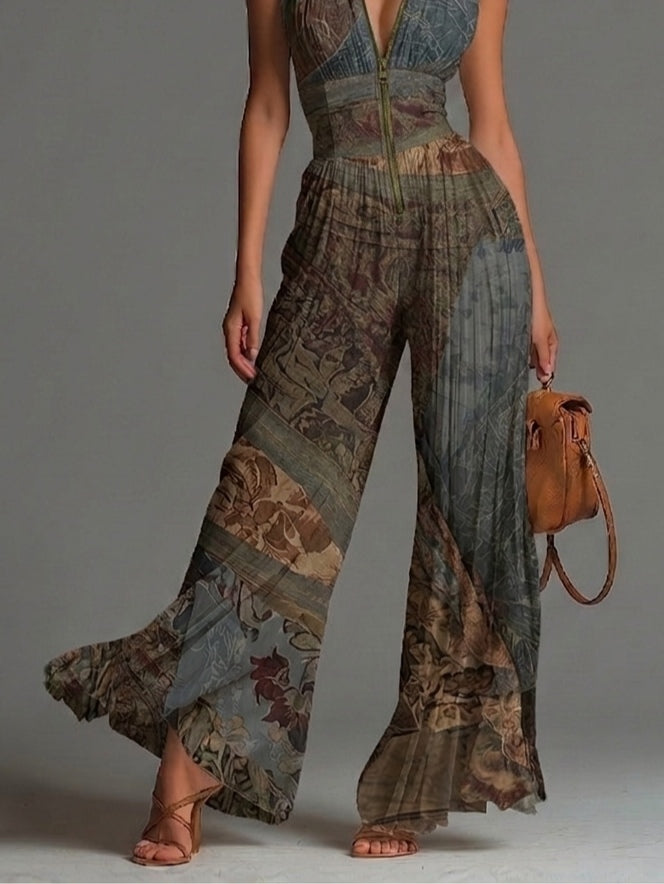 Tuta in Chiffon Senza Maniche con Zip Plissettata a Stampa Etnica Bohemien