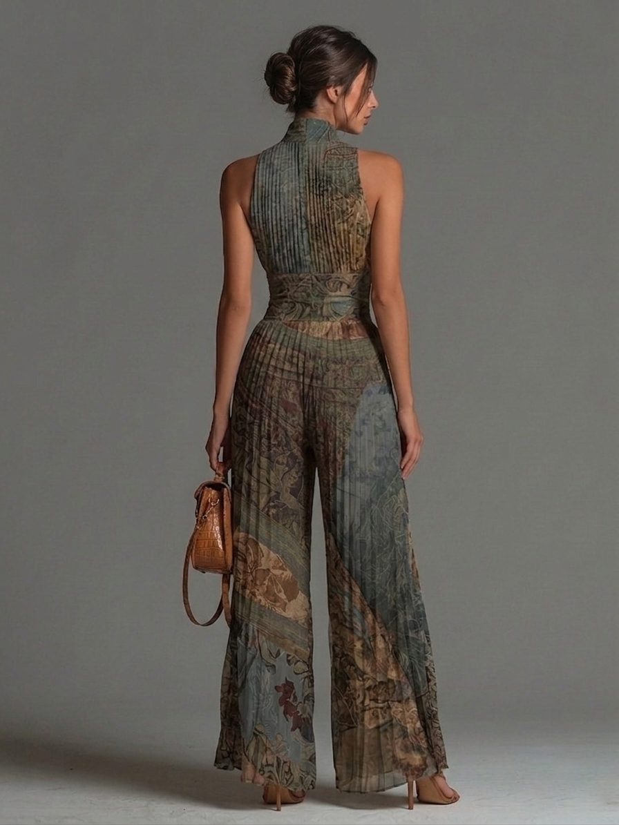 Tuta in Chiffon Senza Maniche con Zip Plissettata a Stampa Etnica Bohemien