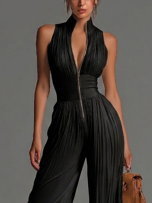 Mono di Chiffon Nero Senza Maniche con Collo a V e Chiusura Frontale con Pieghe di Gamba Larga