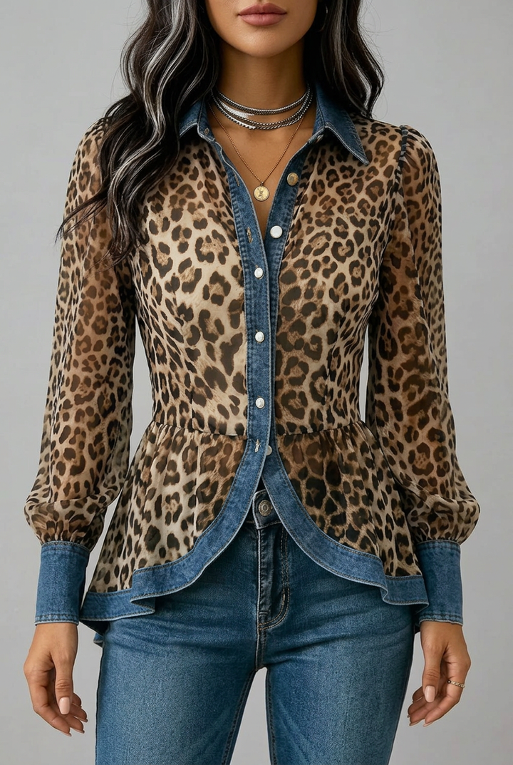 Fablenne™ | Giacca Lunga in Denim con Stampa Leopardata