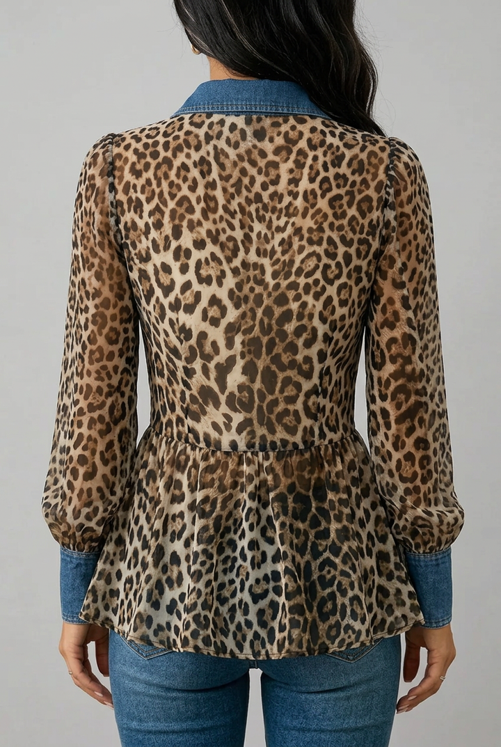 Fablenne™ | Giacca Lunga in Denim con Stampa Leopardata