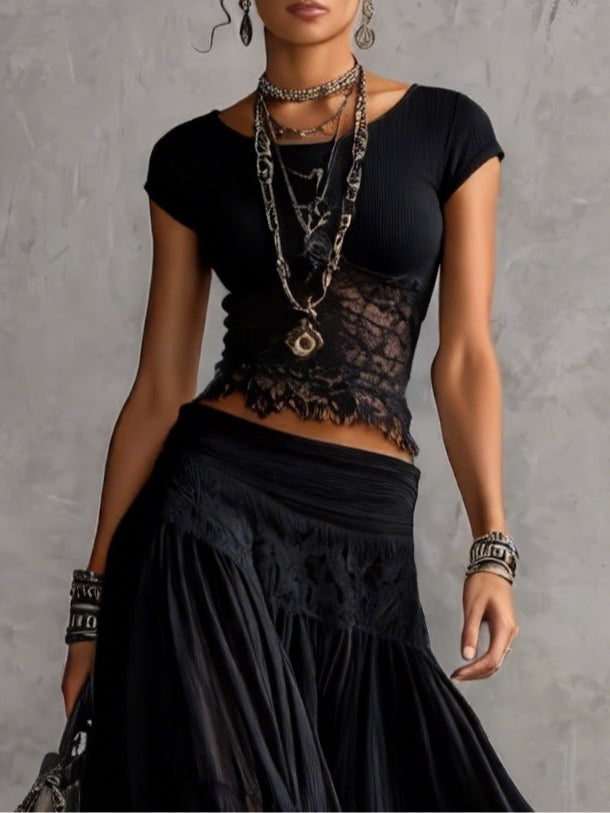 Completo Top Nero in Pizzo Trasparente e Gonna Lunga Plissettata