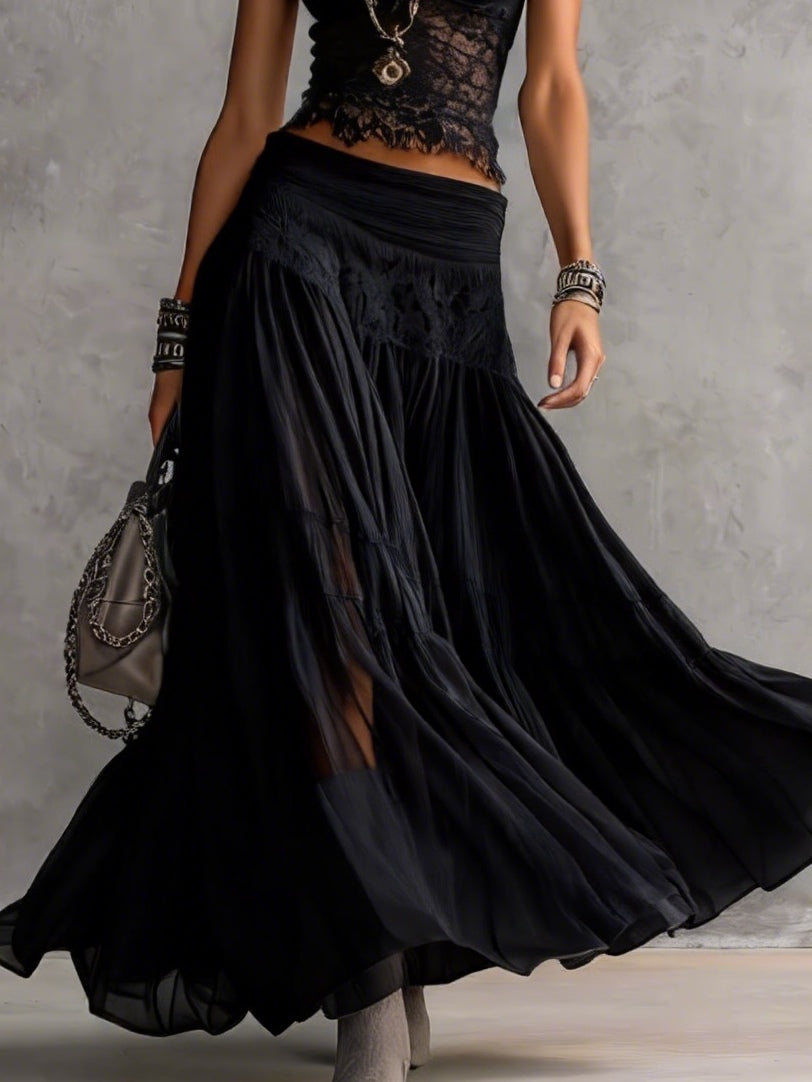 Completo Top Nero in Pizzo Trasparente e Gonna Lunga Plissettata