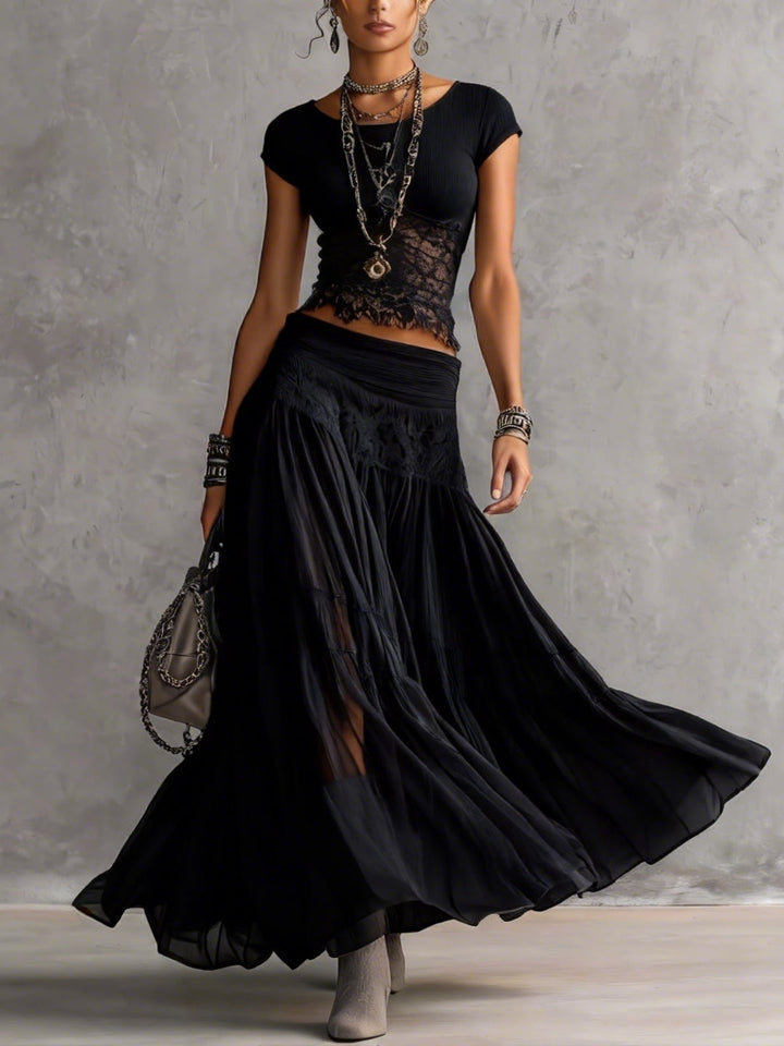 Completo Top Nero in Pizzo Trasparente e Gonna Lunga Plissettata
