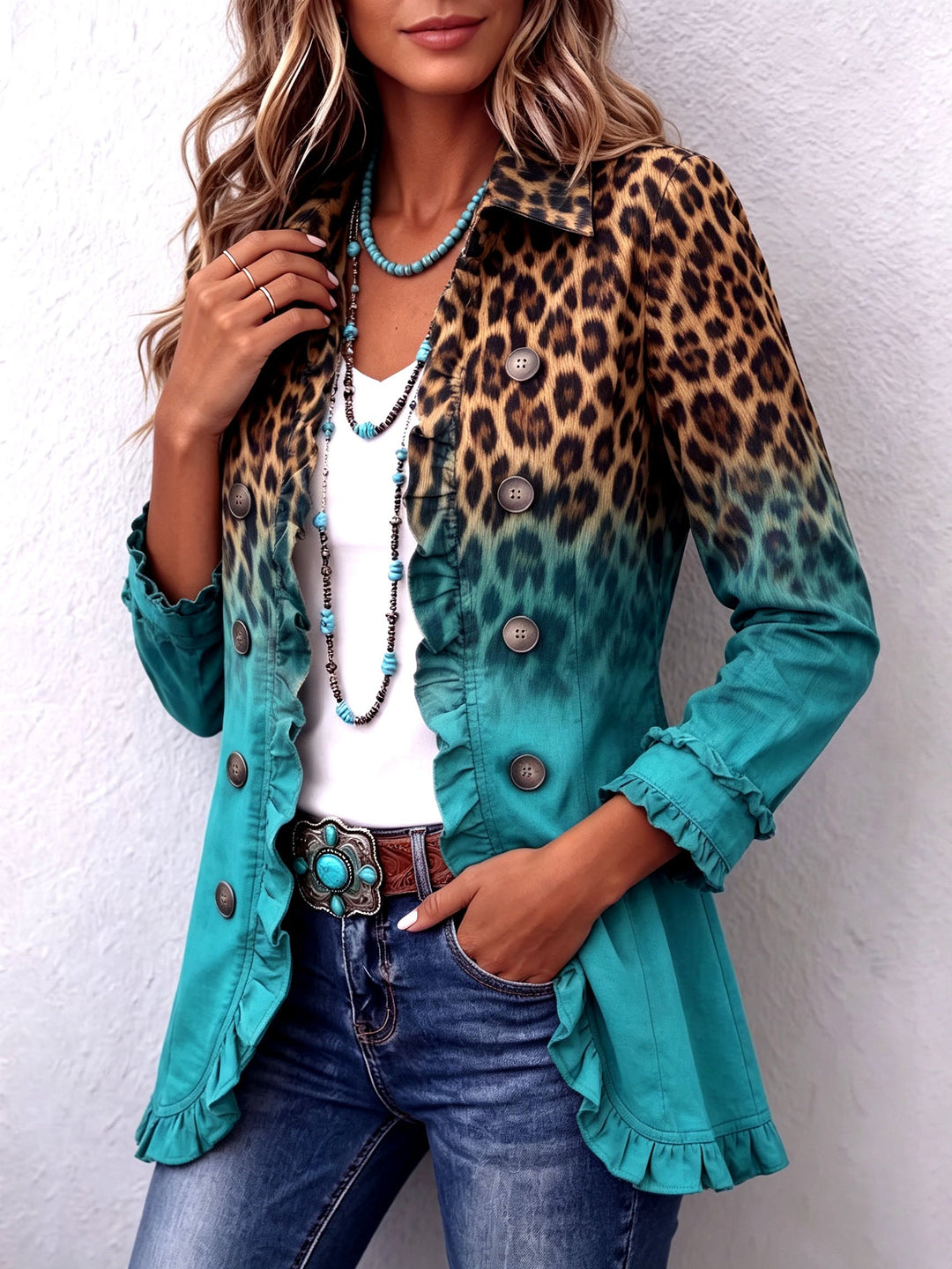 Elspeth™ | Giacca Blazer con Volant in Ombre di Leopardo