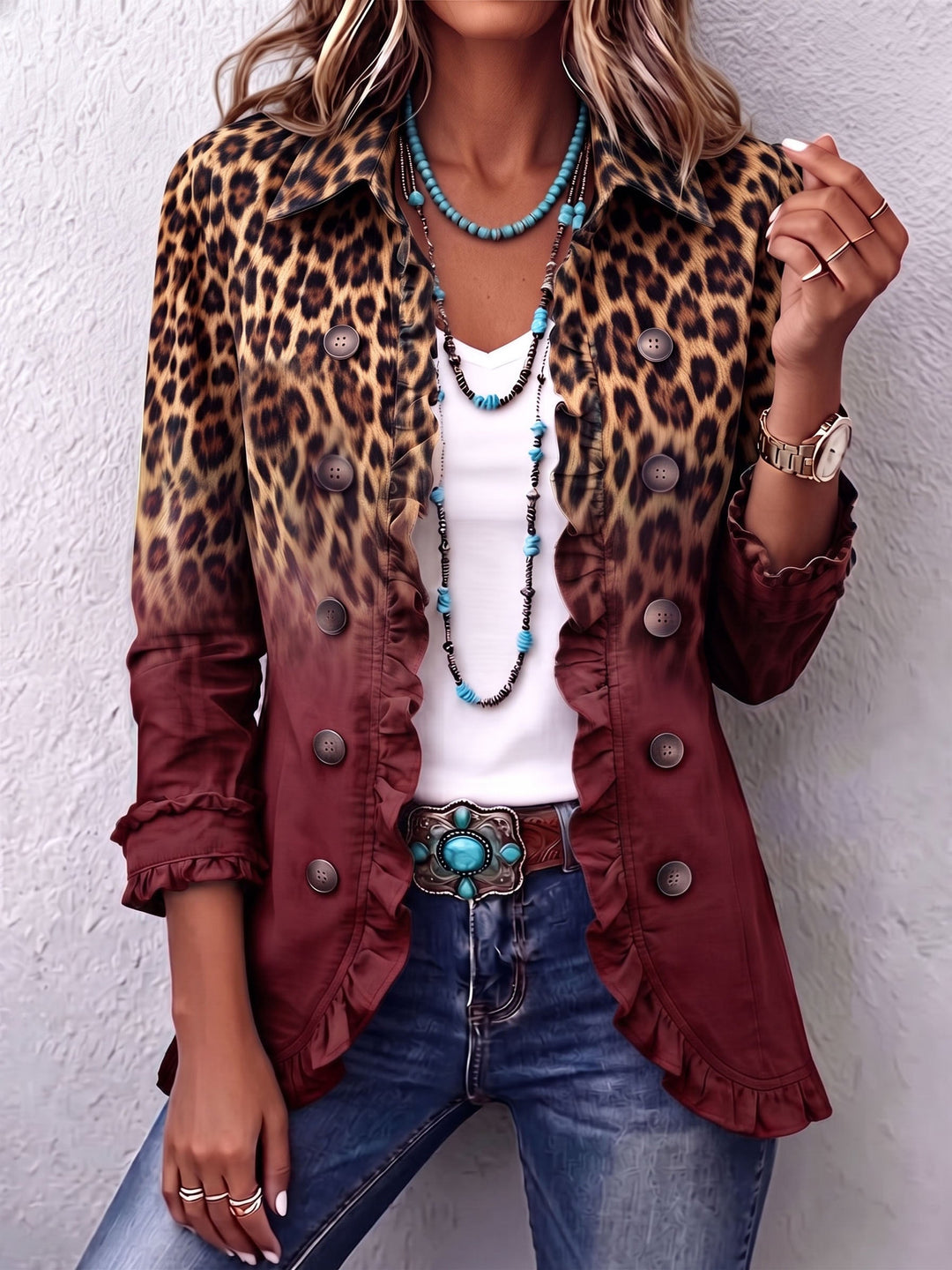 Elspeth™ | Giacca Blazer con Volant in Ombre di Leopardo