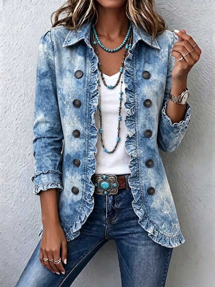 Jemison™ | Giacca Vintage in Stile Boho con Stampa Botanica Gradiente e Dettagli di Volant
