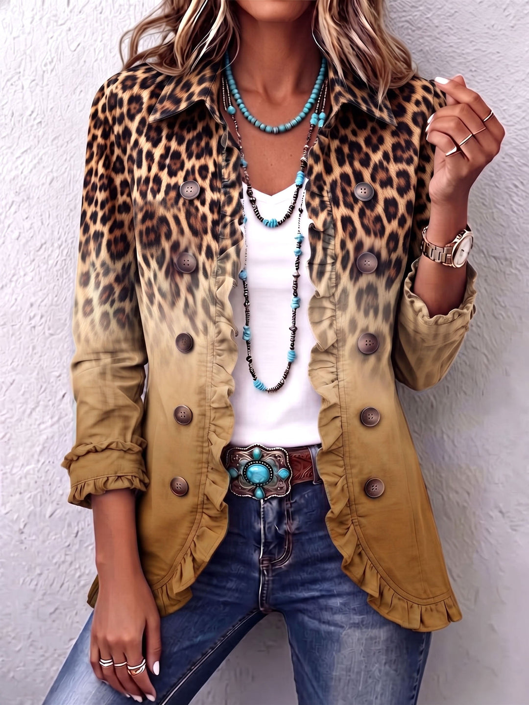 Elspeth™ | Giacca Blazer con Volant in Ombre di Leopardo